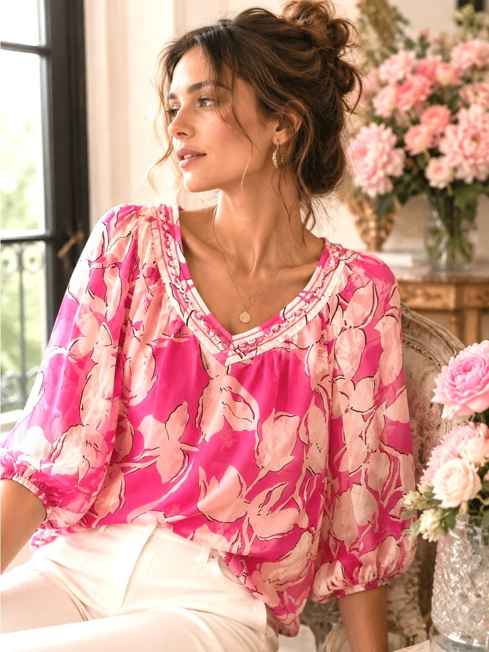 Pink Floral Silk Blouse DVF Diane von Furstenberg Petite Small